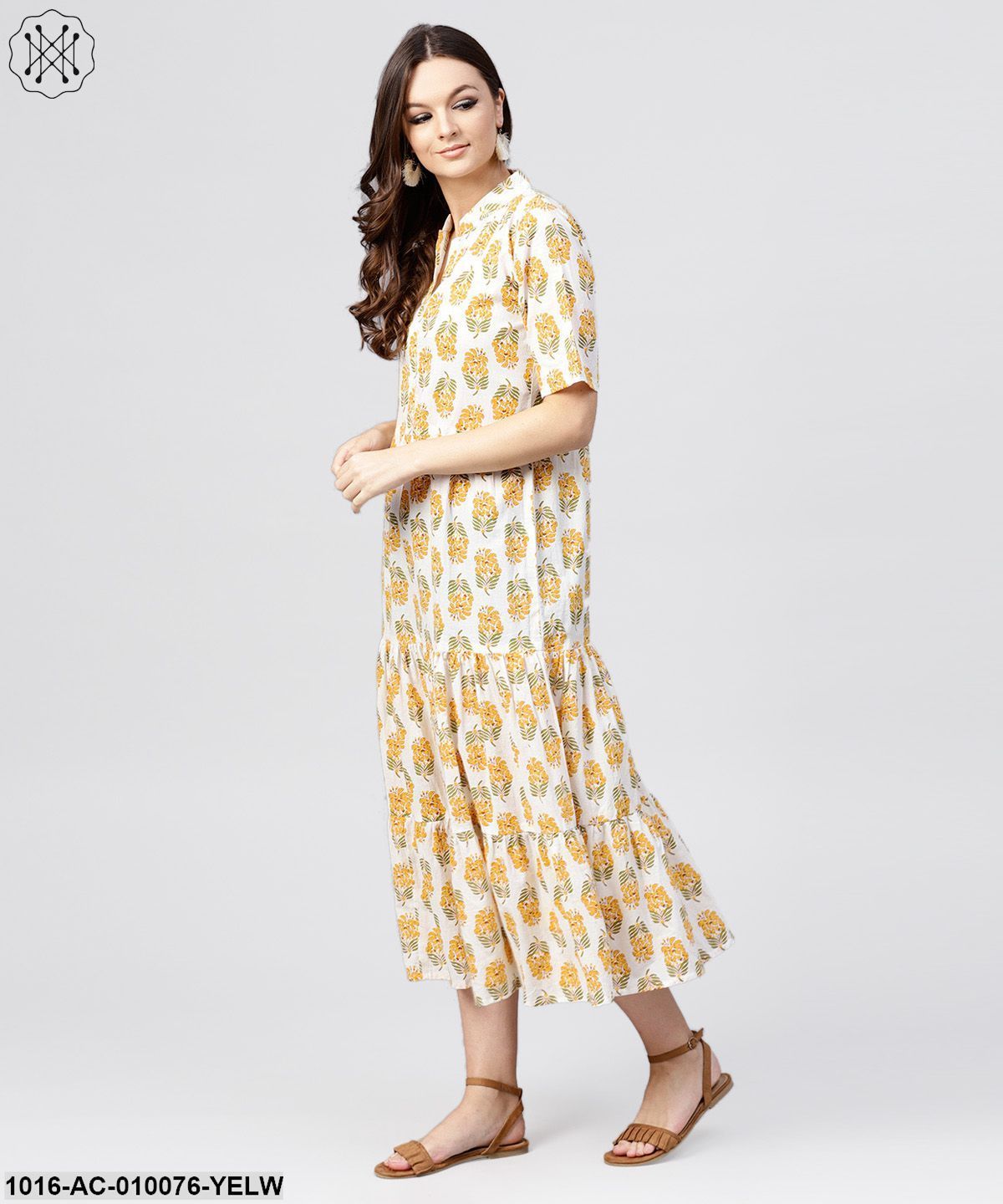 Madarin Collar Tiered Printed Dress With Front Placket And Half Sleeves