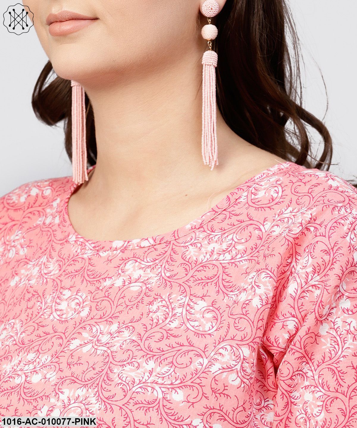 Pink Printed Dress With Round Neck And Half Sleeves