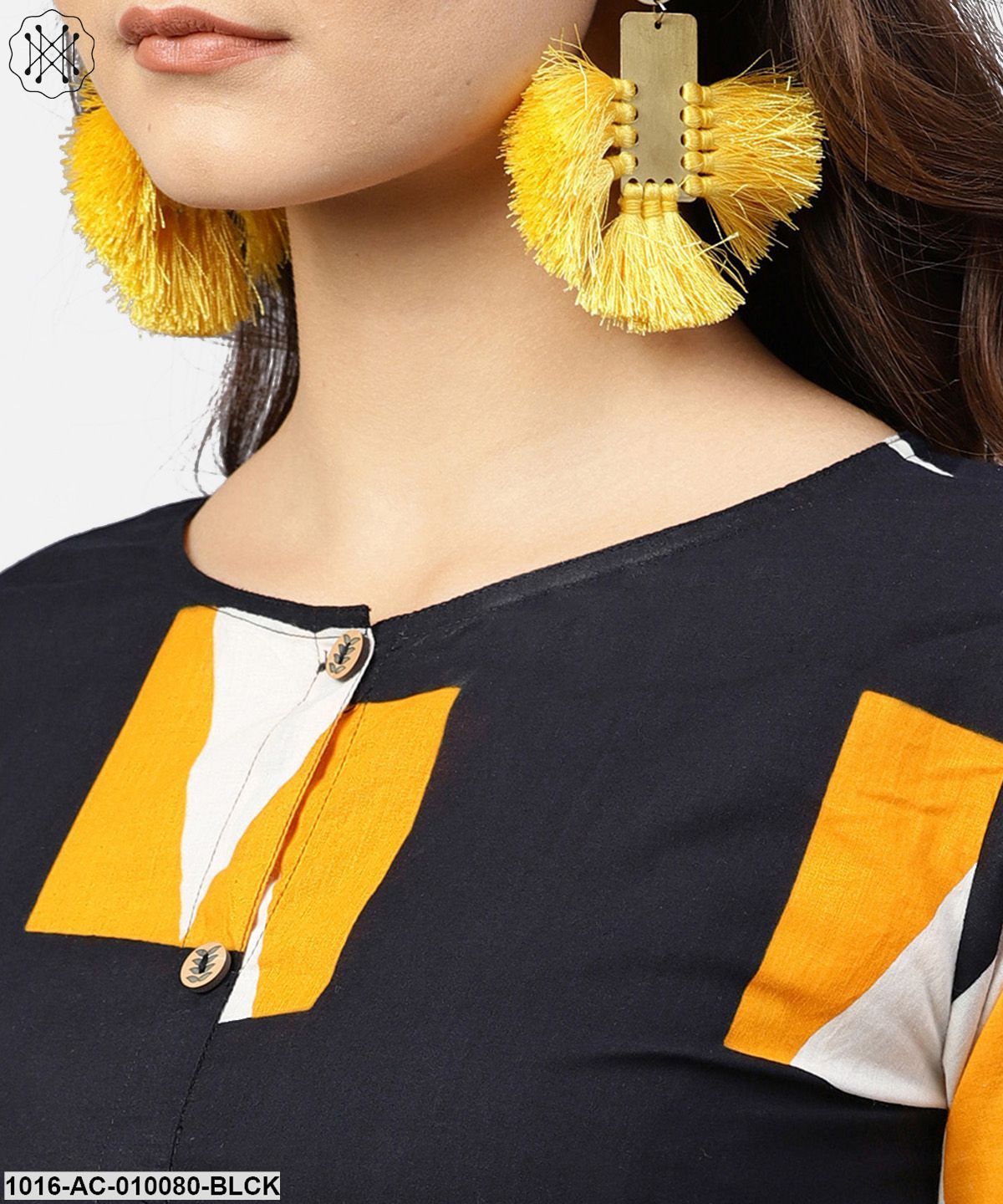 Black Round Neck Printed Dress With Front Placket And 3/4 Sleeves