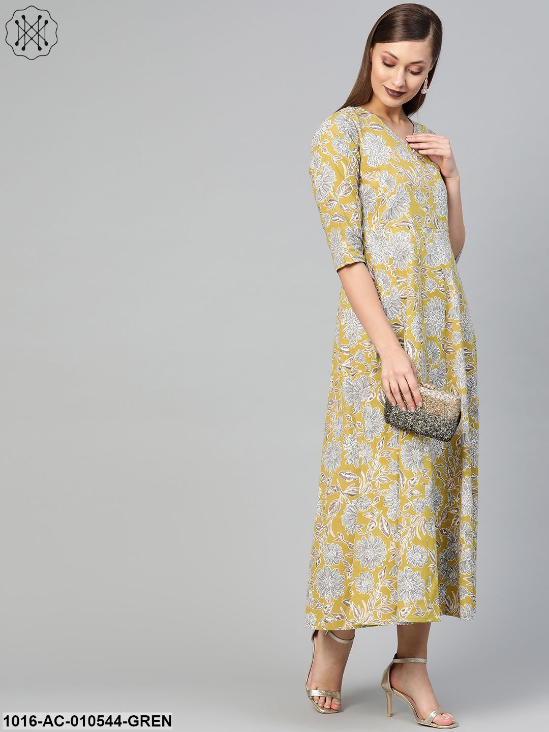 Women Lime Green & Gold Floral Printed Maxi Dress