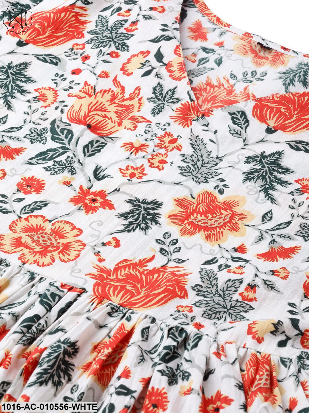 Women White & Orange Floral Printed Maxi Dress
