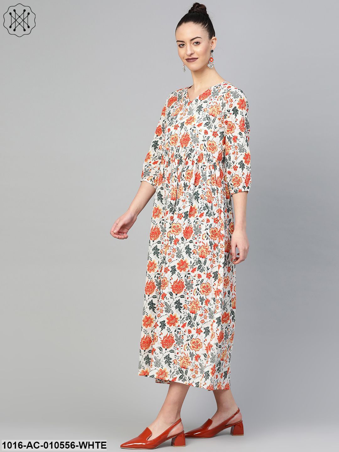 Women White & Orange Floral Printed Maxi Dress