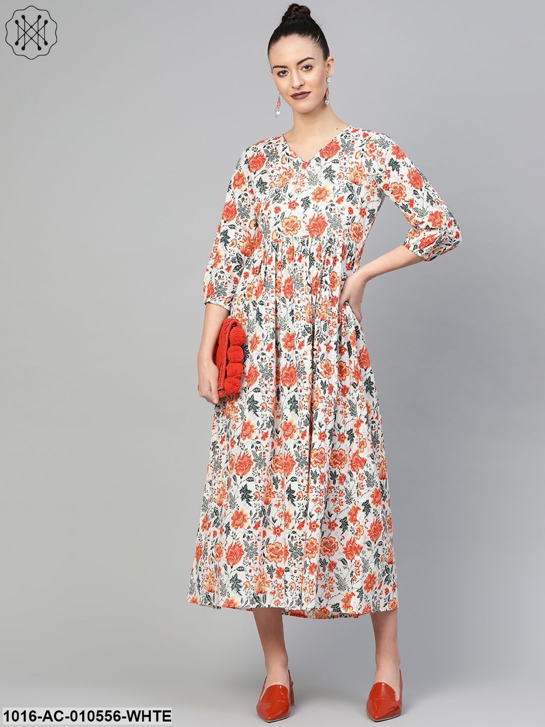 Women White & Orange Floral Printed Maxi Dress