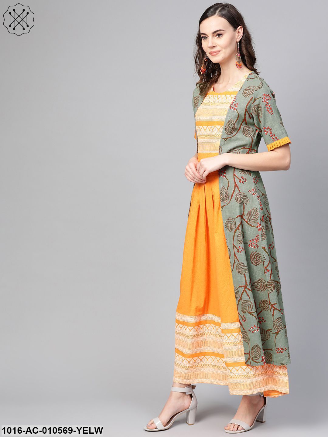 Women Yellow & Green Tribal Printed Two-Piece Dress
