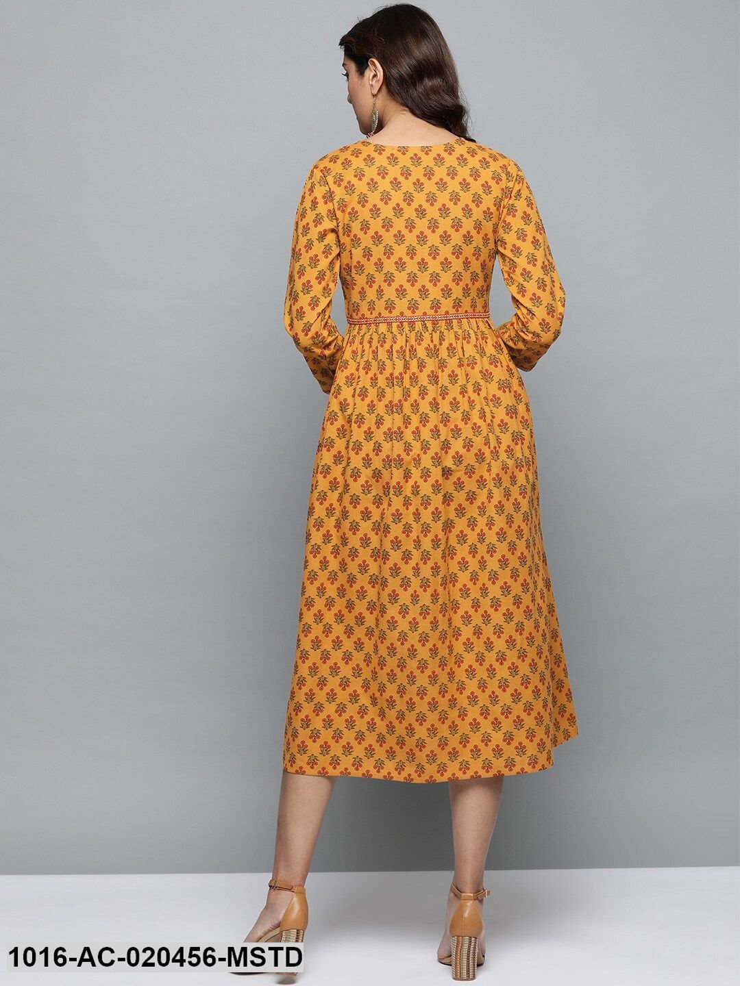 Mustard Yellow & Red Printed A-Line Dress