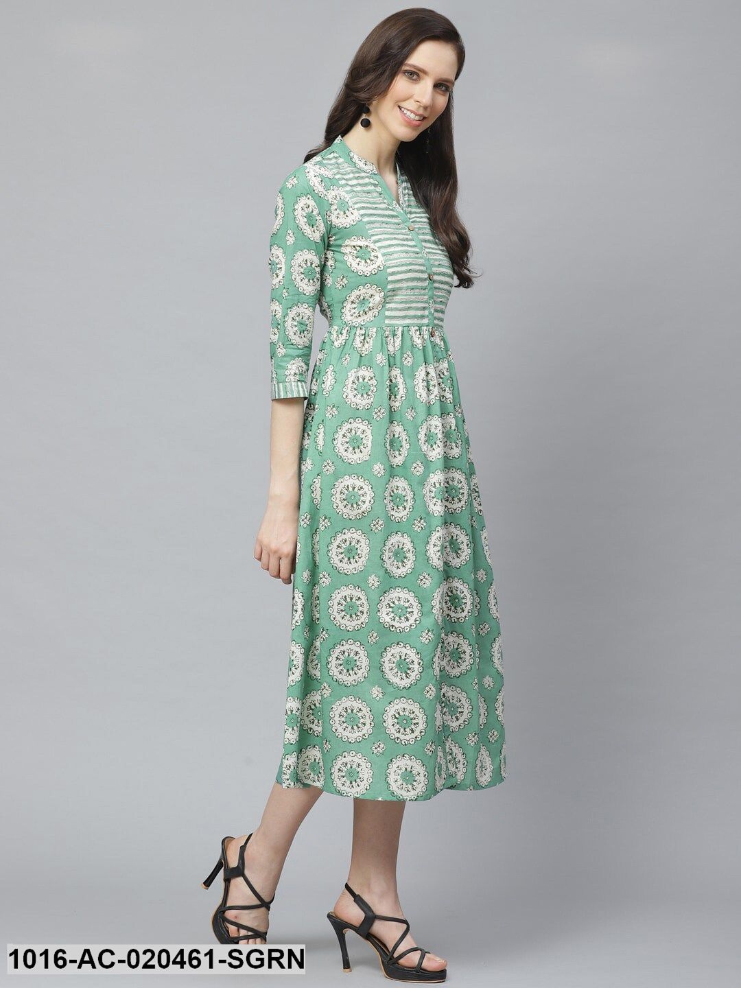 Sea Green & Off-White Ethnic Print A-Line Dress