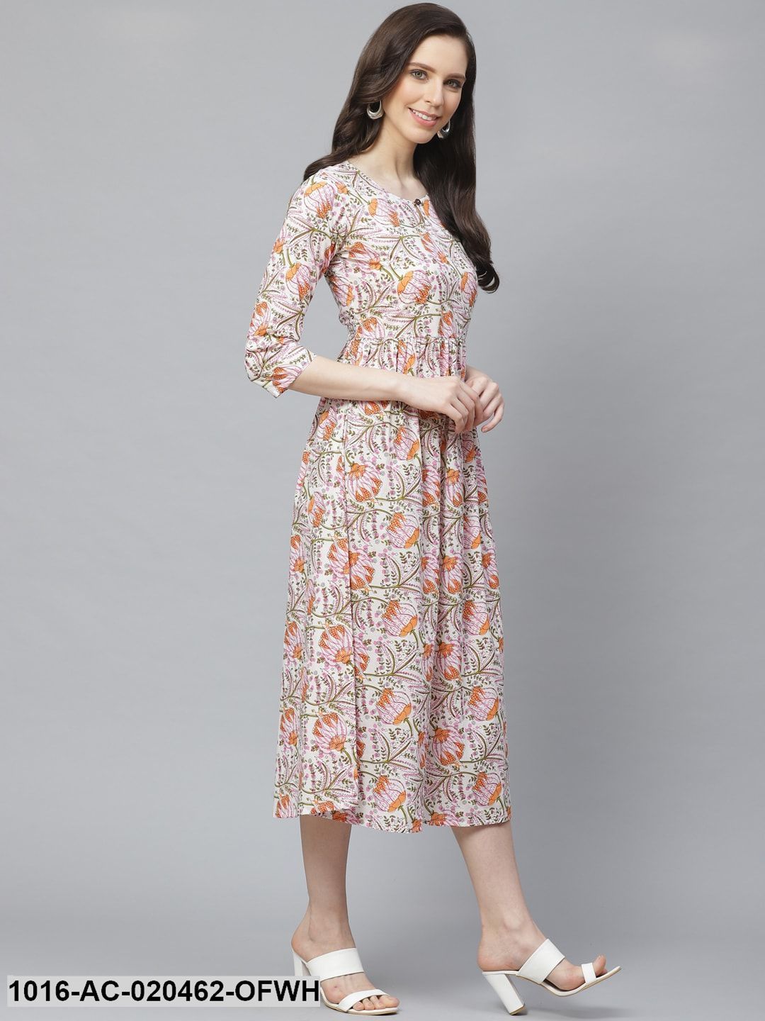 Off-White & Pink Floral Printed A-Line Dress