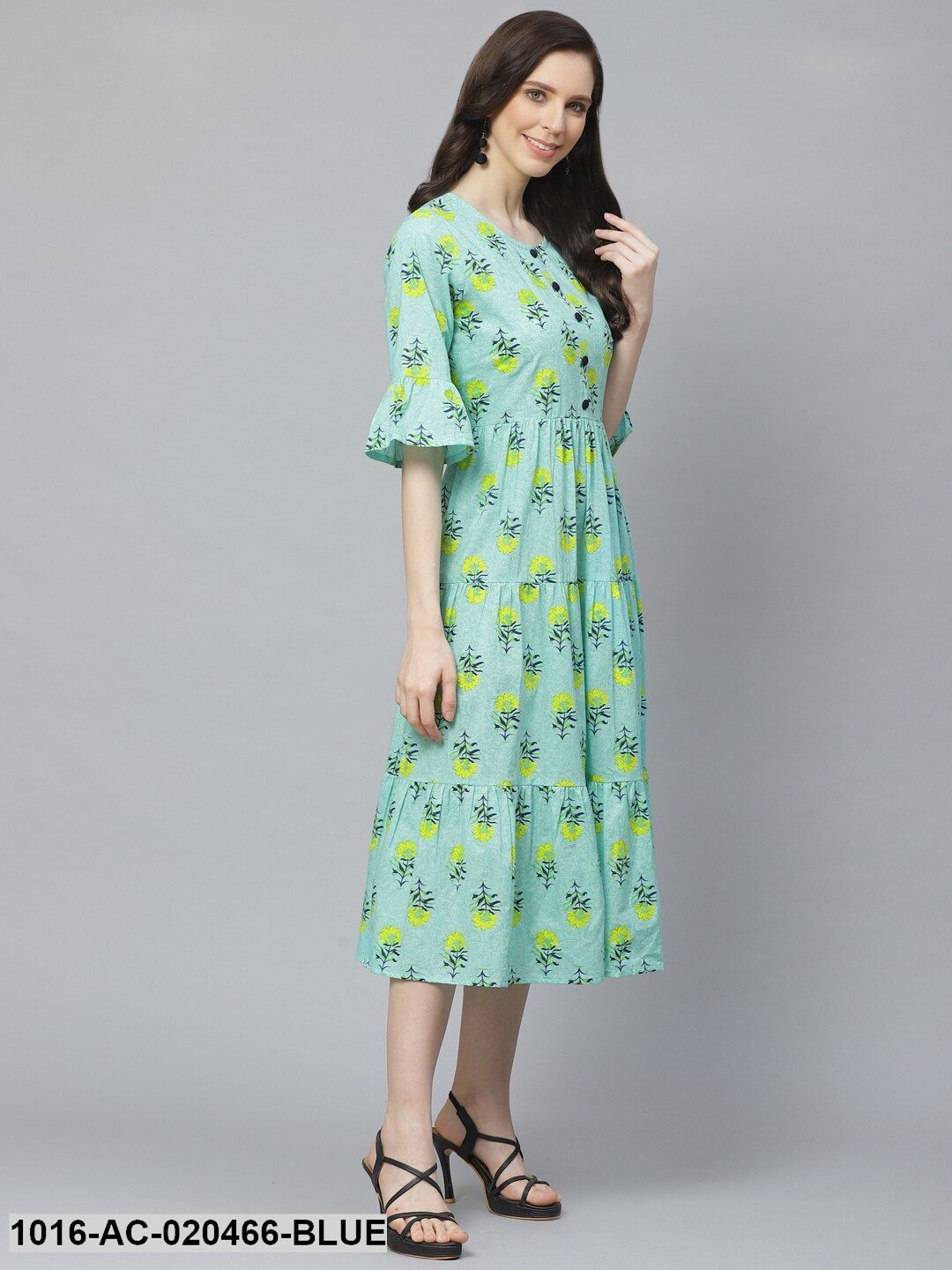 Blue & Yellow Floral Printed Tiered A-Line Dress