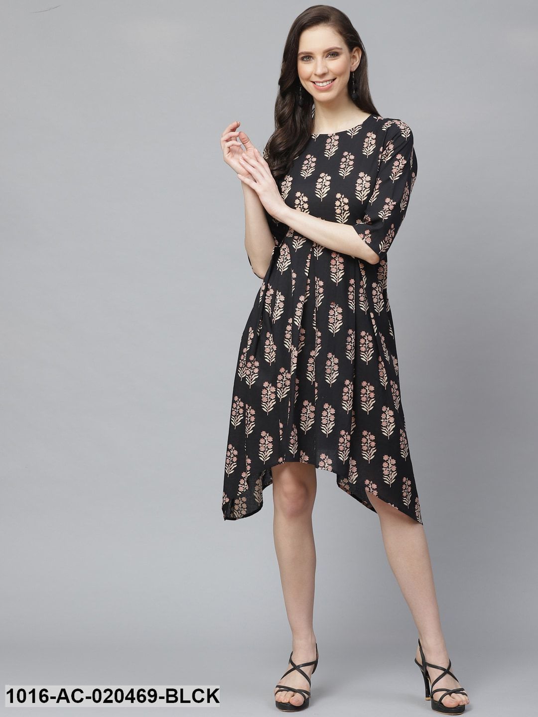 Black & Beige Ethnic Printed Asymmetric A-Line Dress