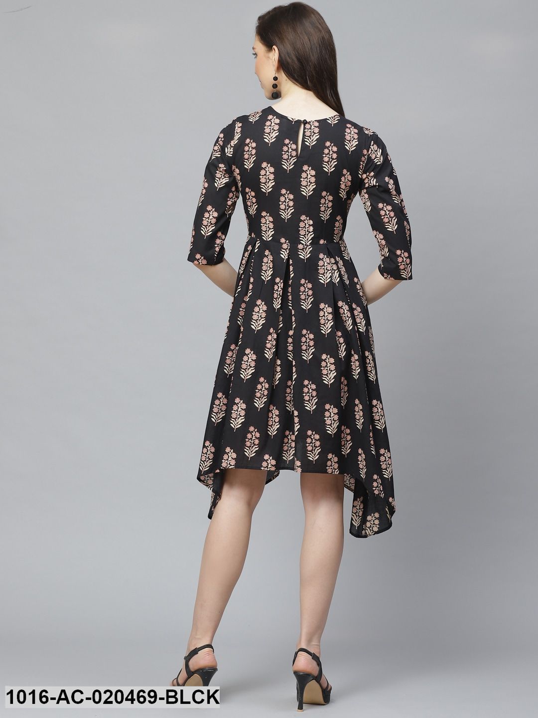 Black & Beige Ethnic Printed Asymmetric A-Line Dress