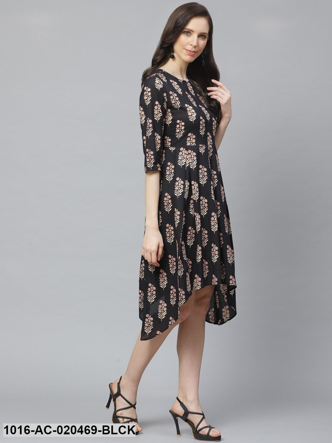 Black & Beige Ethnic Printed Asymmetric A-Line Dress