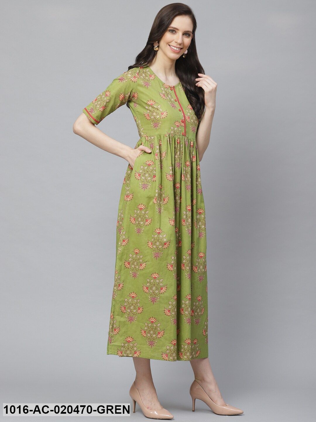 Green & Red Ethnic Printed Maxi Dress