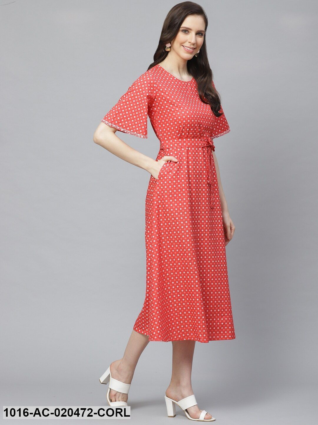 Coral Red & White Geometric Printed A-Line Dress