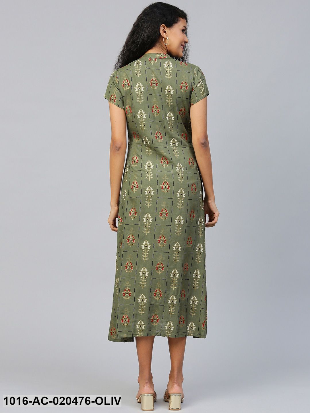 Olive Green & Golden Printed Midi Dress