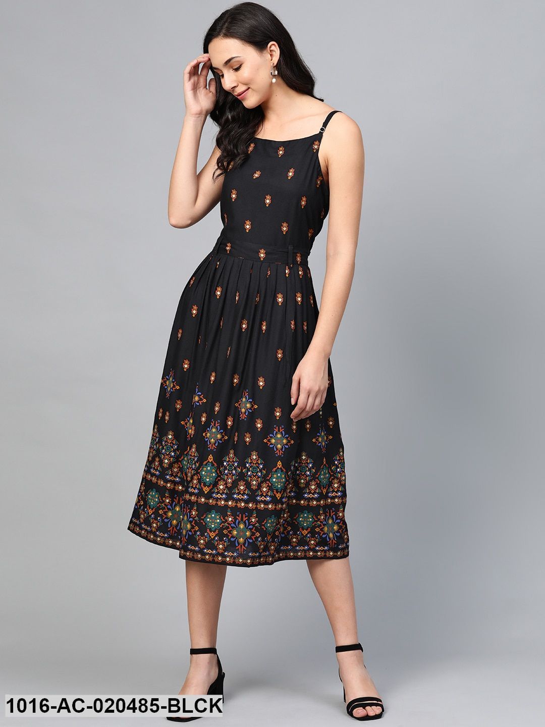 Black & Rust Orange Printed A-Line Dress
