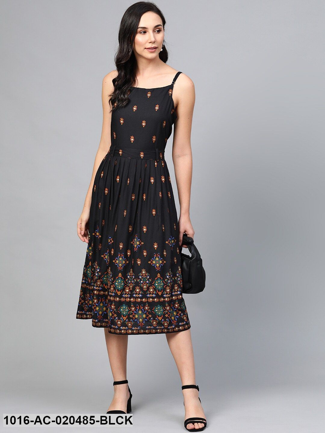 Black & Rust Orange Printed A-Line Dress