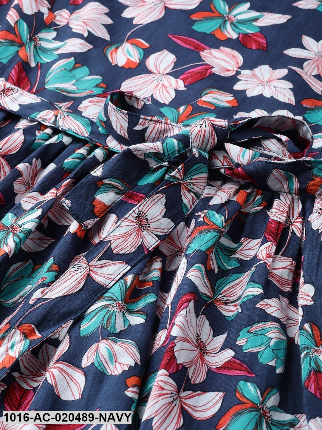 Navy Blue & Off-White Floral Print A-Line Dress