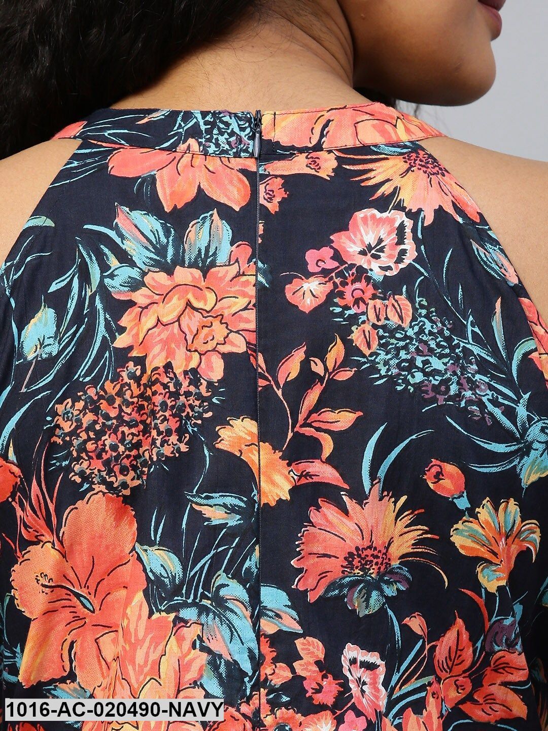 Navy Blue & Orange Floral Printed Maxi Dress