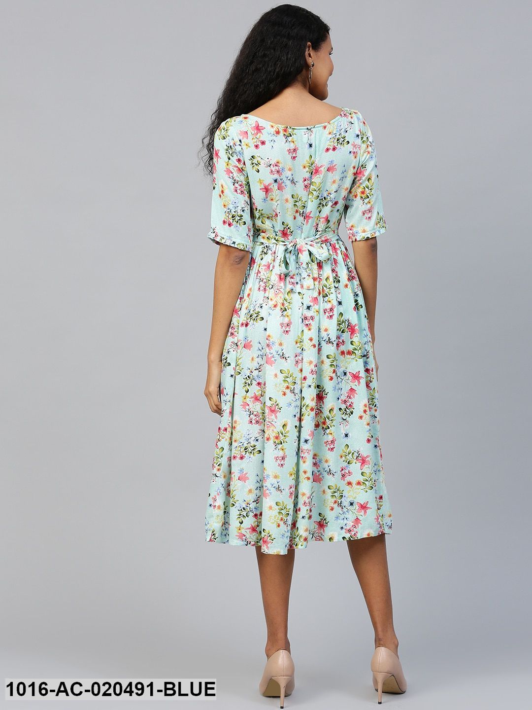 Blue & Pink Floral Printed A-Line Dress