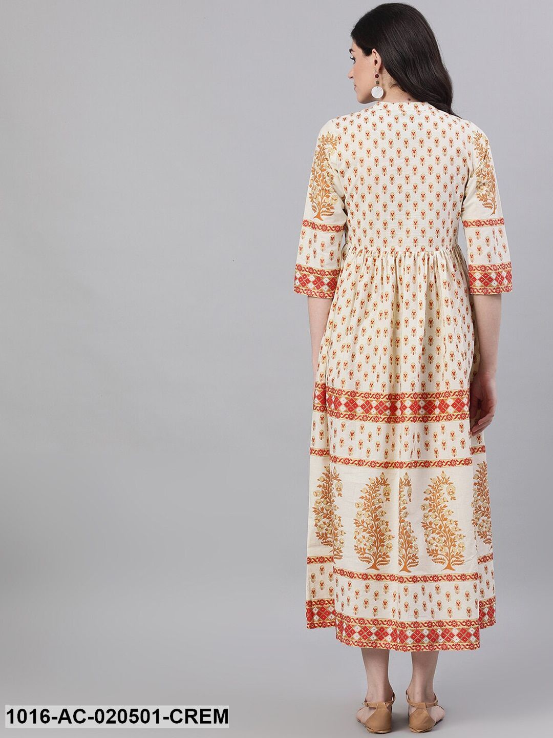 Cream-Coloured Printed Ethnic Maxi Dress