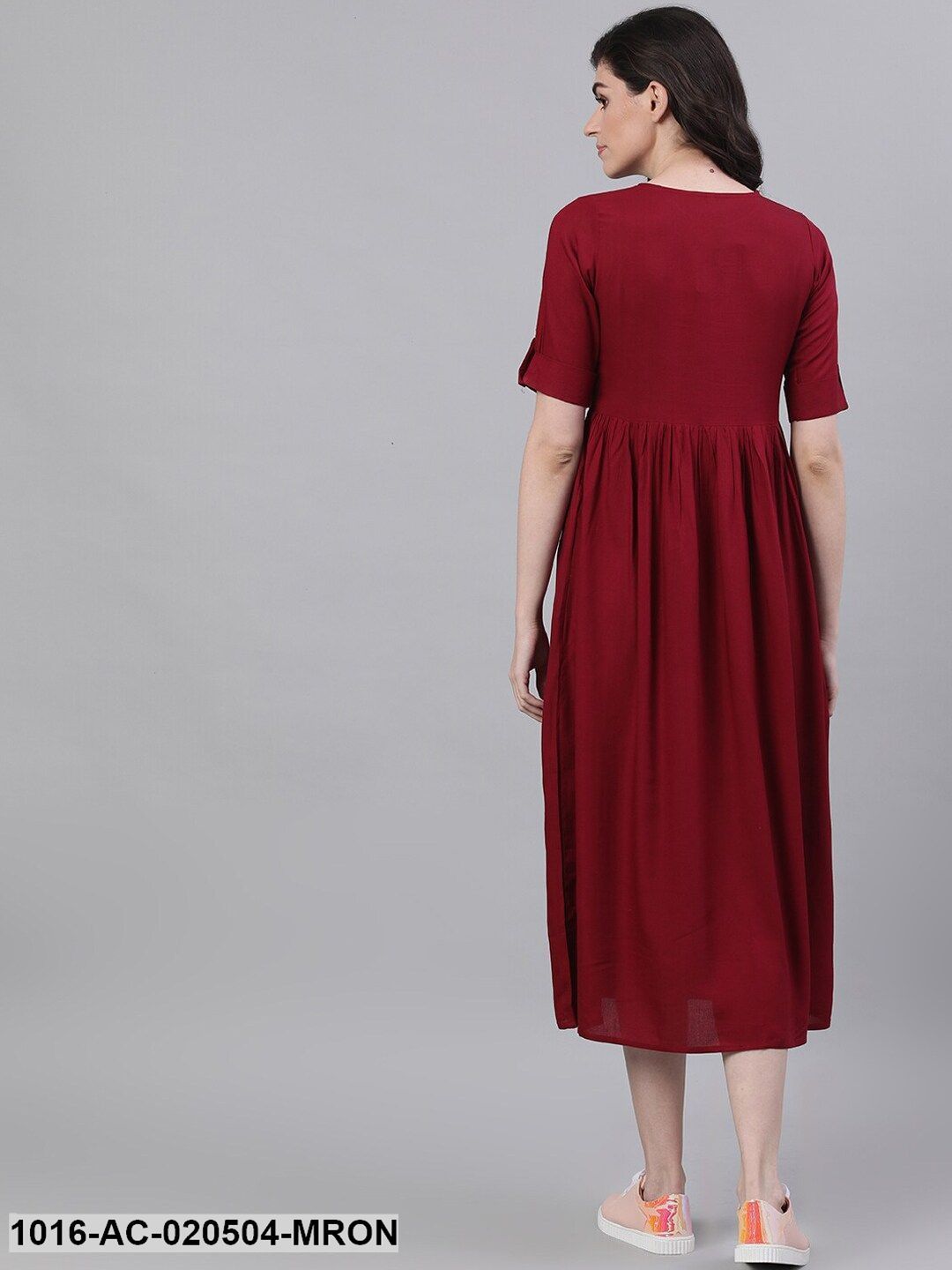 Maroon Embroidered Ethnic Fit and Flare Dress