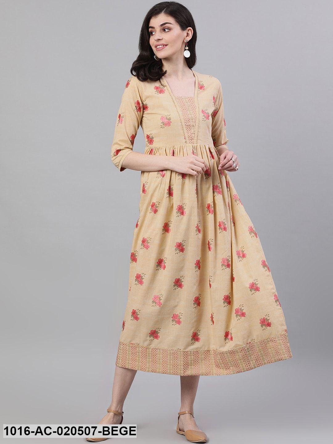Beige Printed Fit and Flare Dress