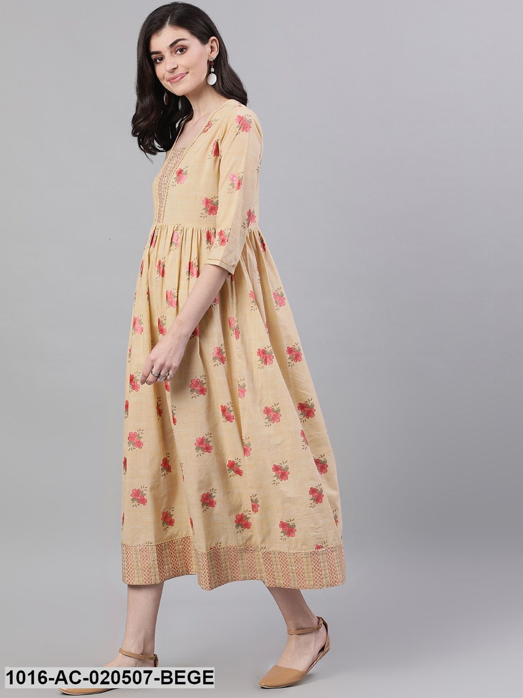 Beige Printed Fit and Flare Dress