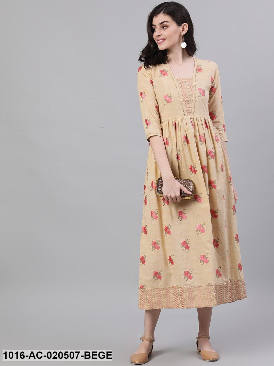 Beige Printed Fit and Flare Dress
