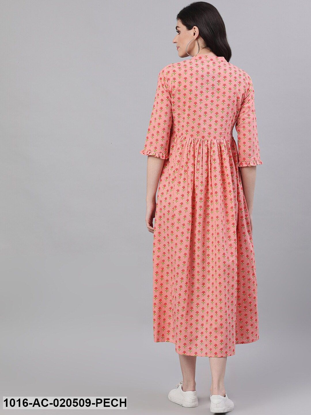Peach-Coloured Printed A-Line Dress