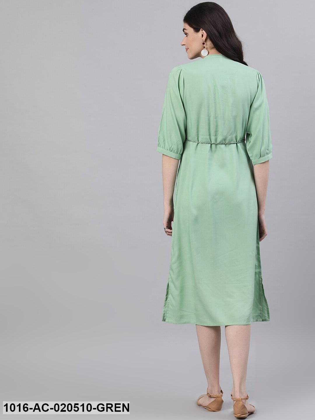 Green Solid Fit and Flare Dress with Embroidered Yoke