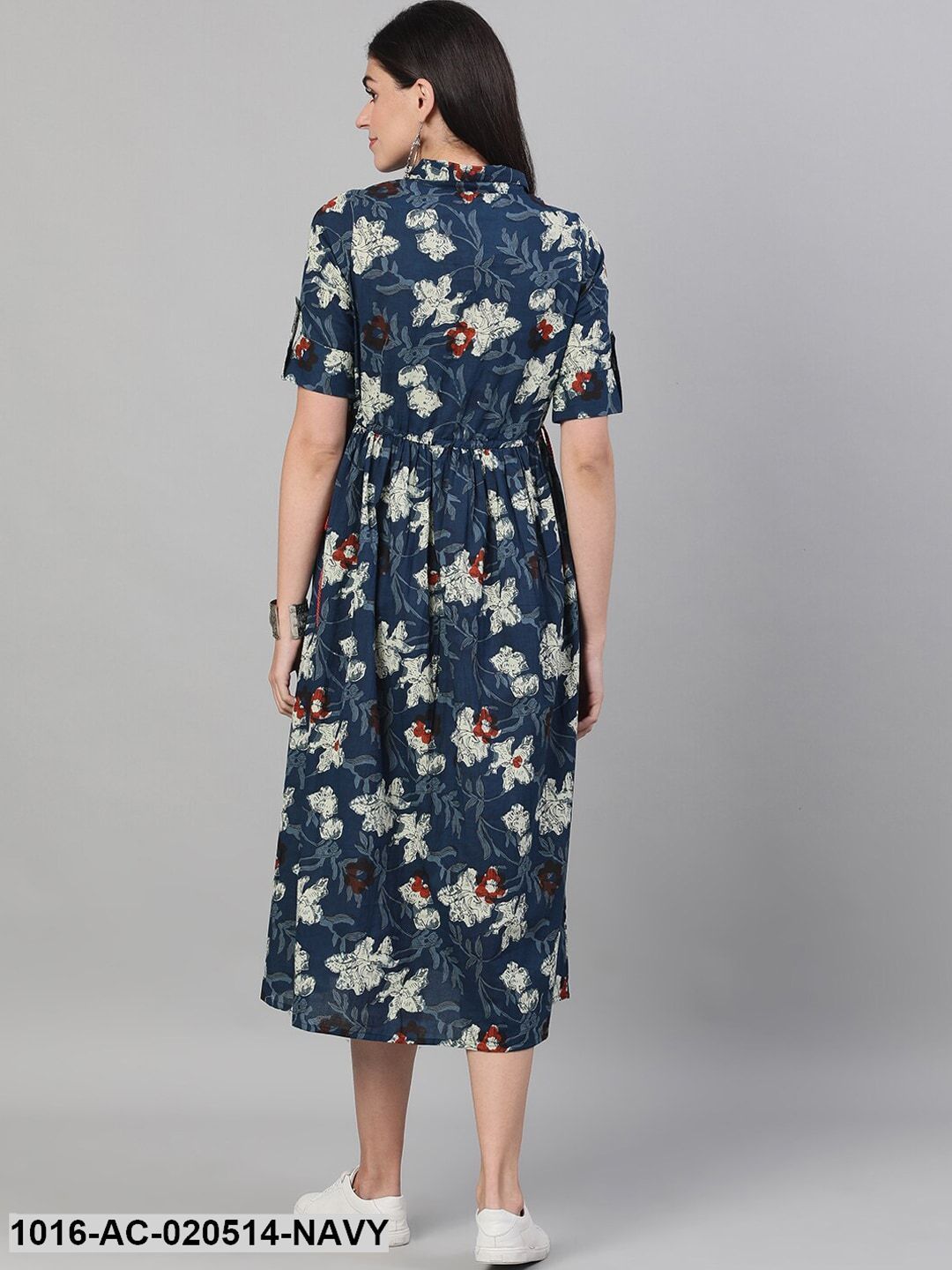 Navy Blue Floral Printed Fit & Flare Dress