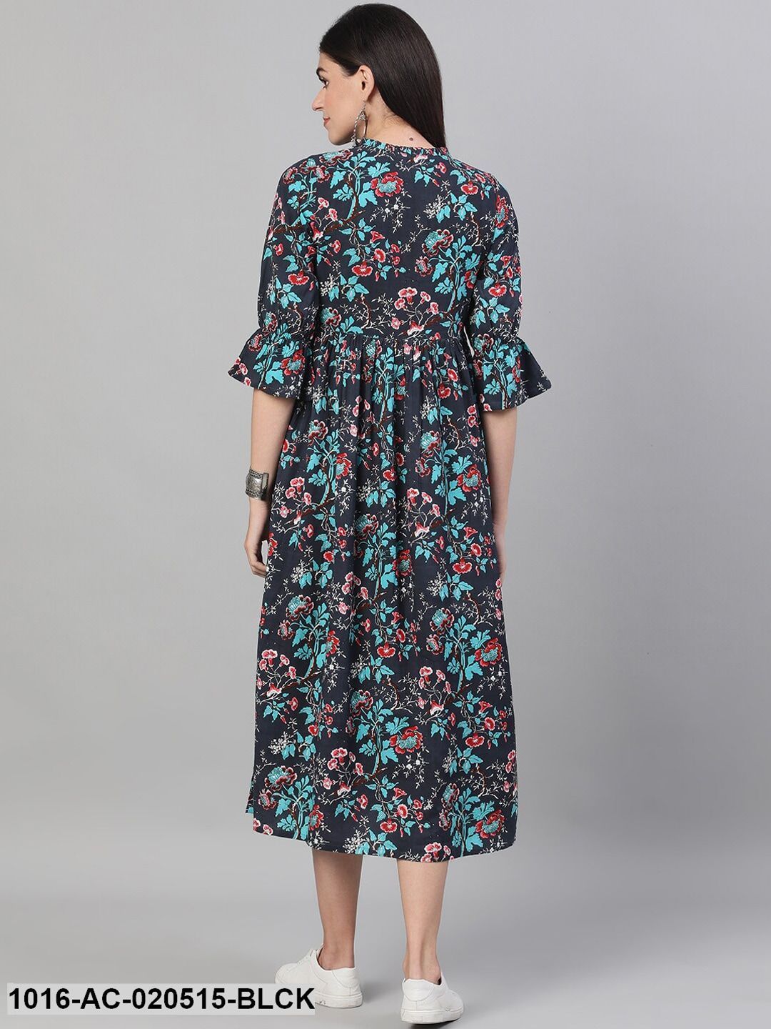 Black & Blue Floral Printed A-Line Dress