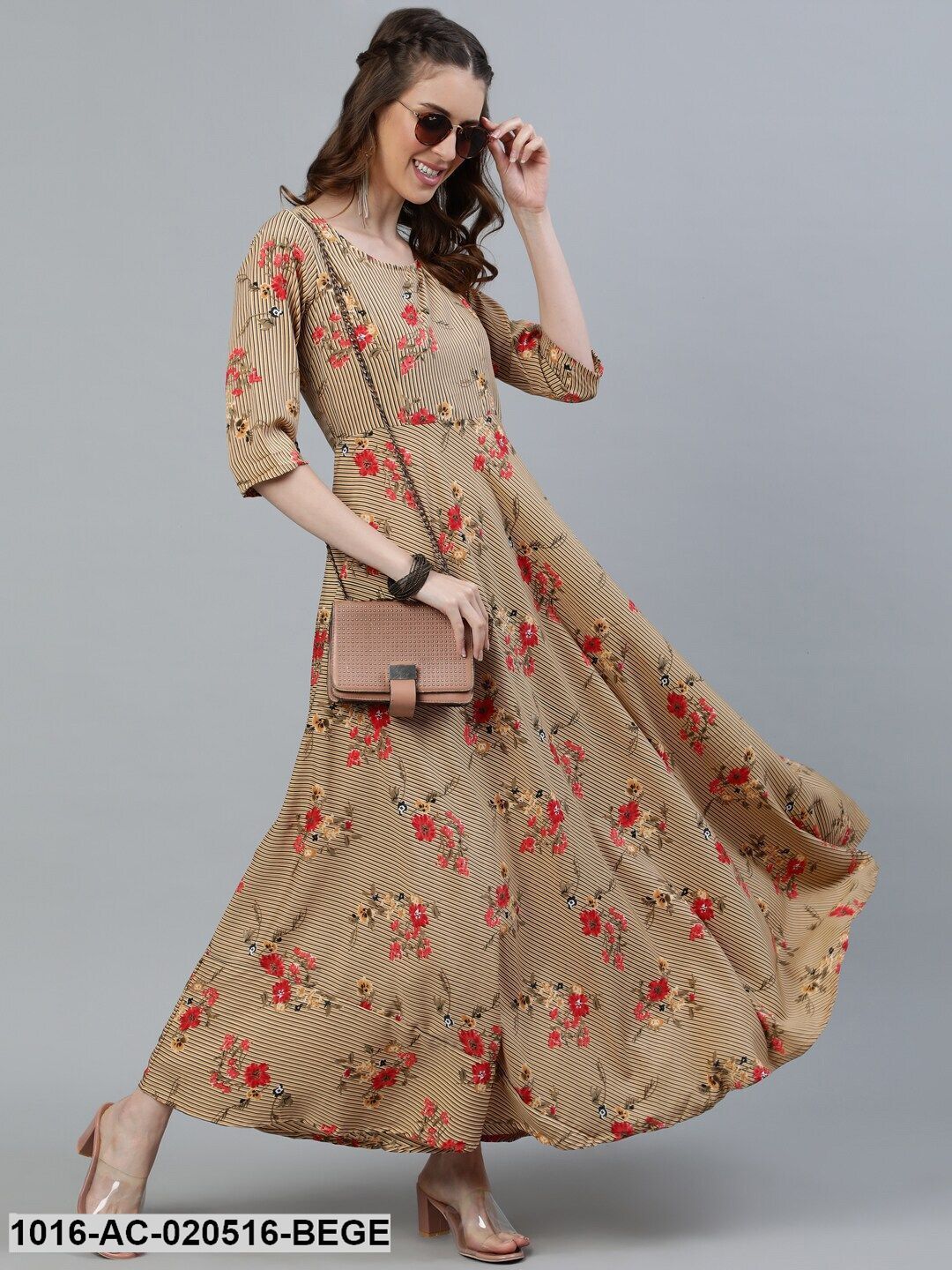 Beige & Red Floral Printed Maxi Dress