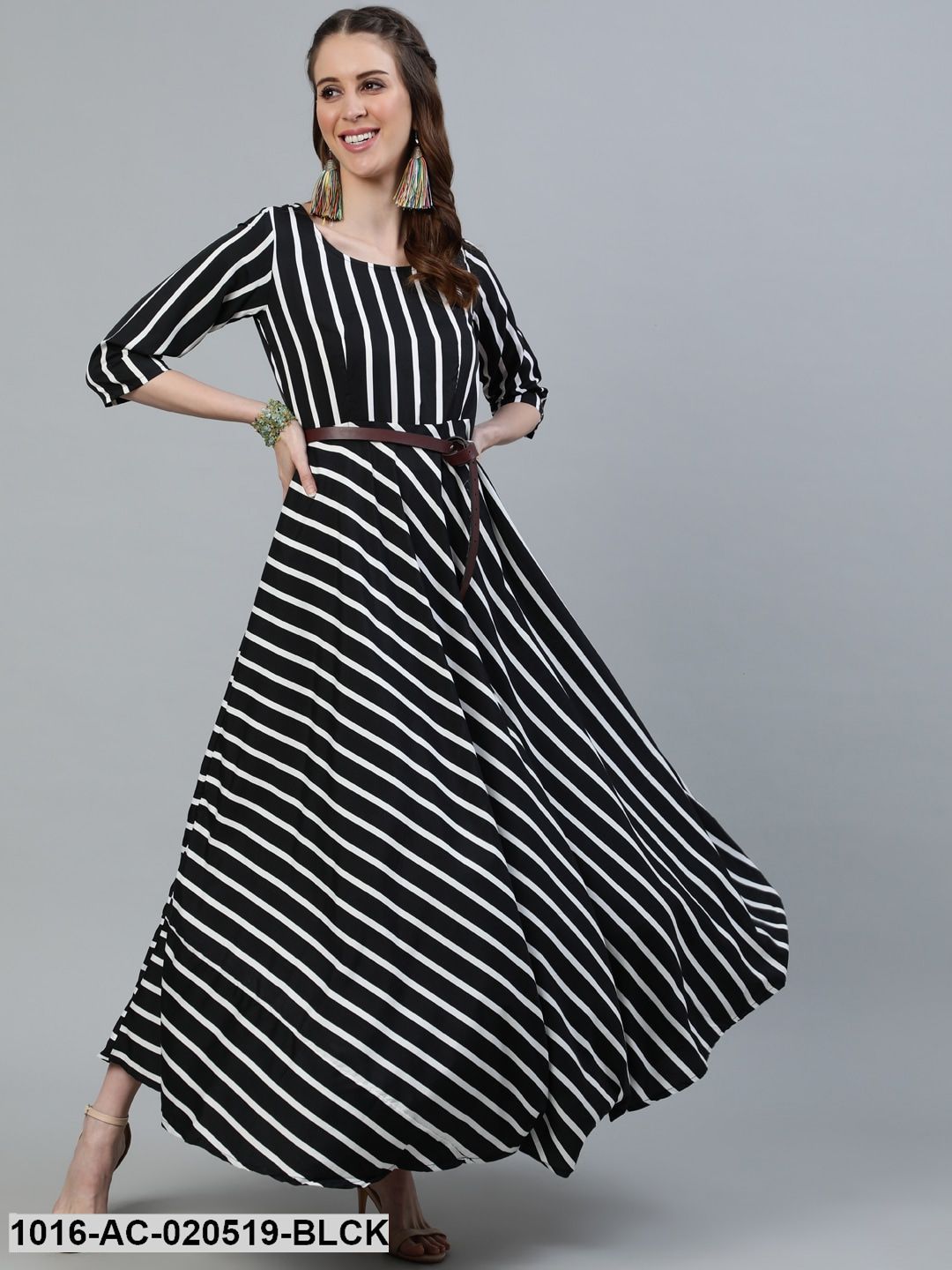 Black & White Striped Crepe Maxi Dress