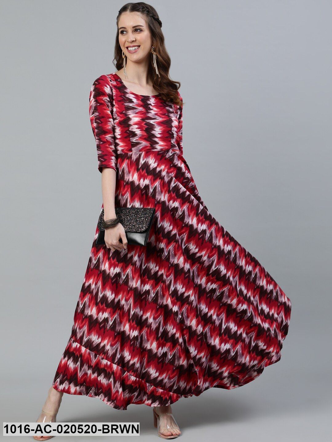 Brown & Orange Crepe Maxi Dress