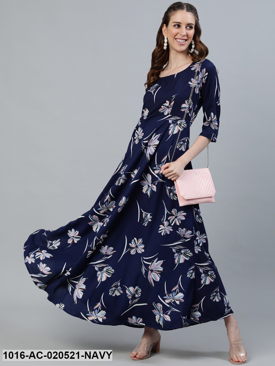 Navy Blue Floral Crepe Maxi Dress