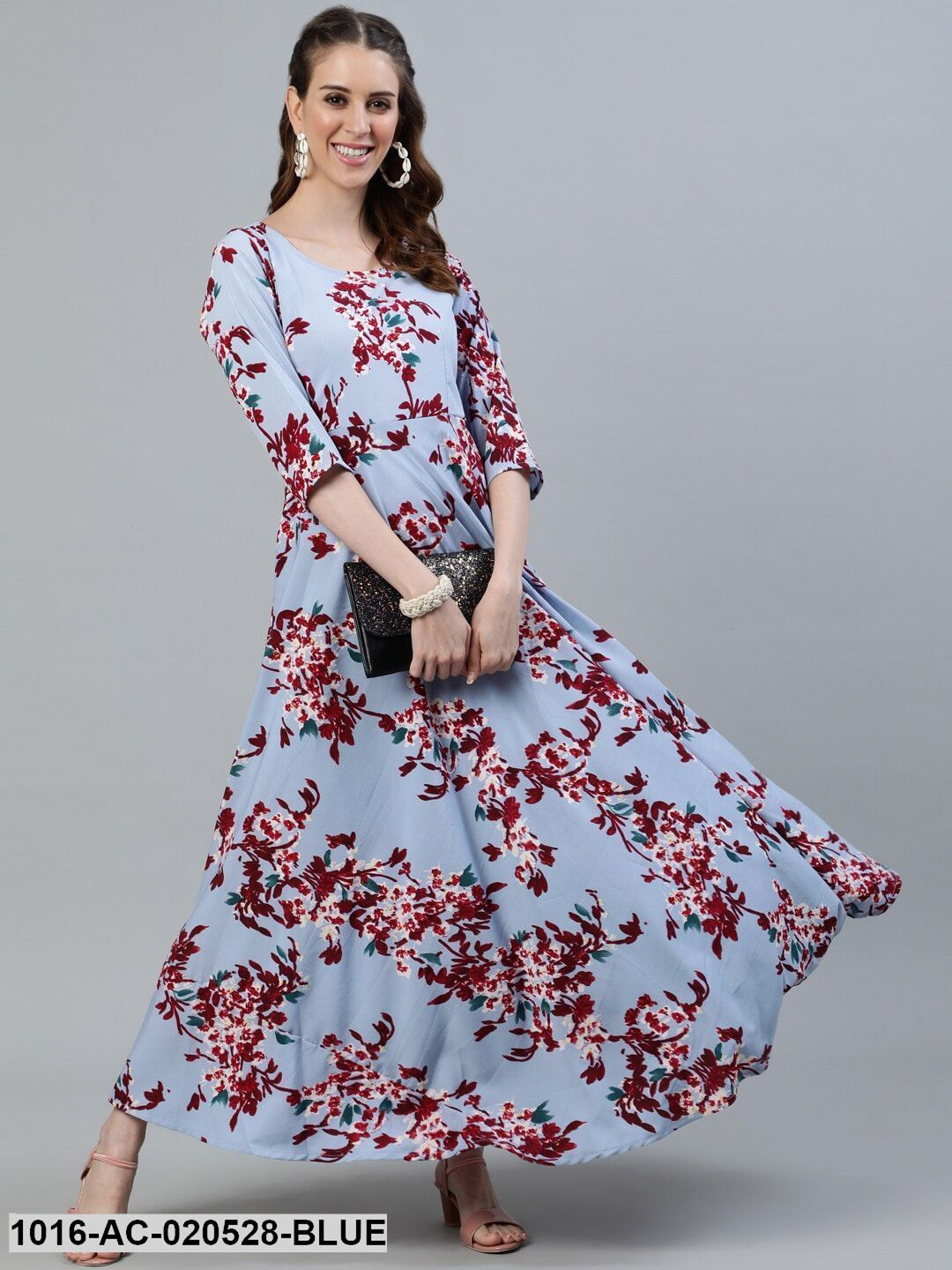 Blue Floral Printed Crepe Maxi Dress
