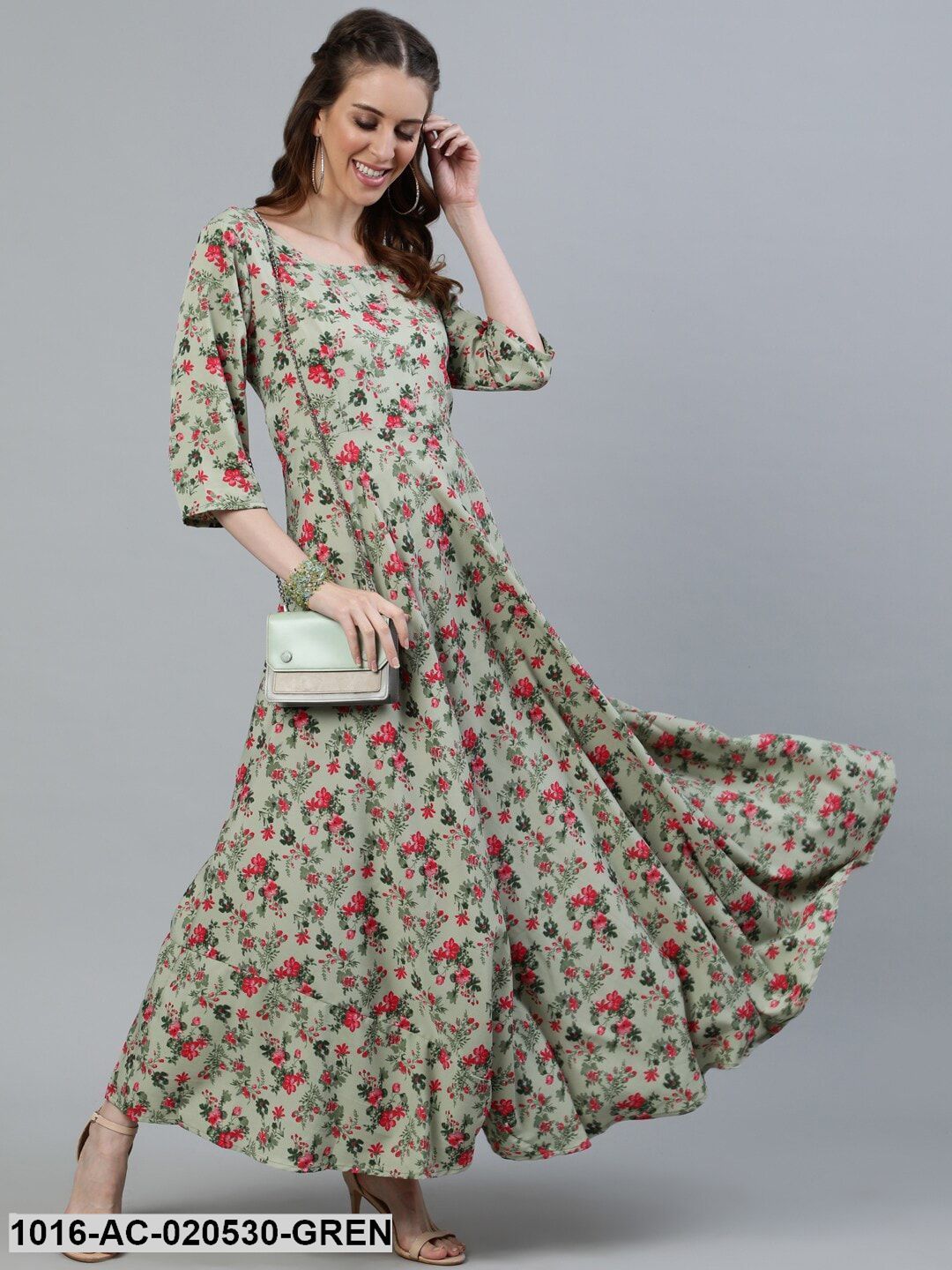 Green Floral Crepe Ethnic Maxi Dress