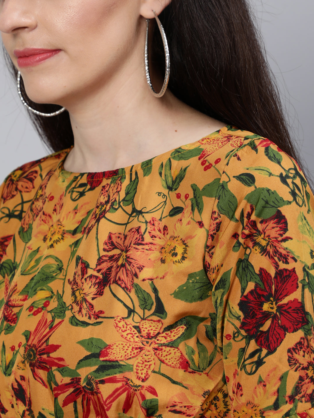 Mustard Printed Maxi Dress With Flared Sleeves