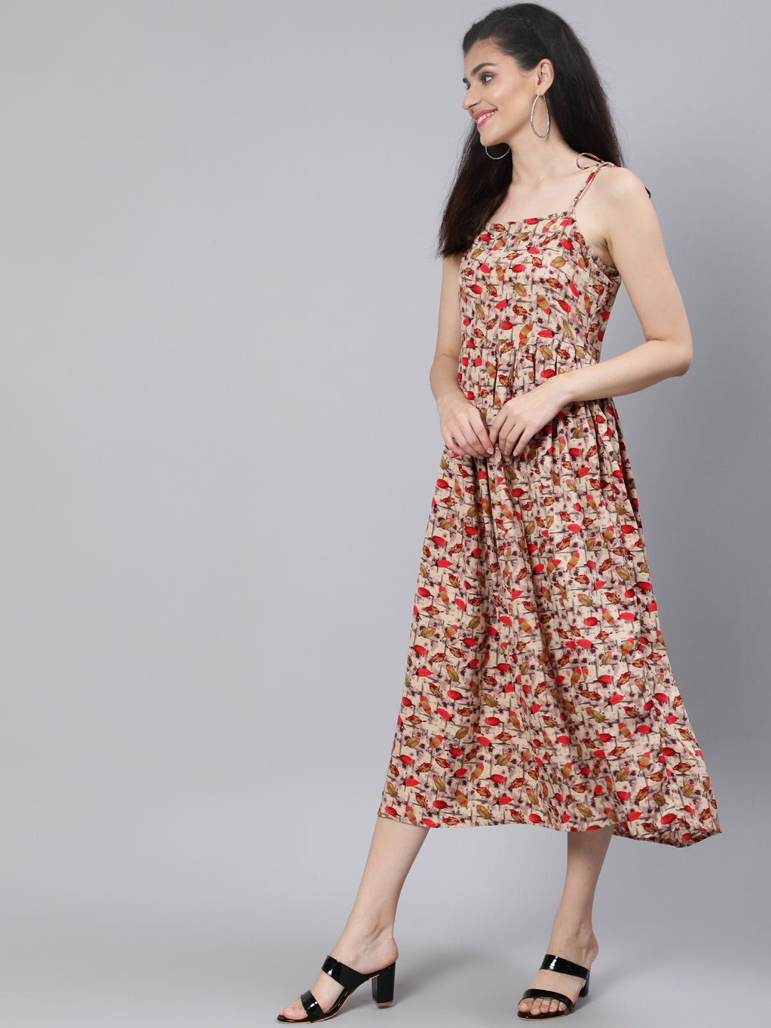 Beige Printed Maxi Dress With Flared