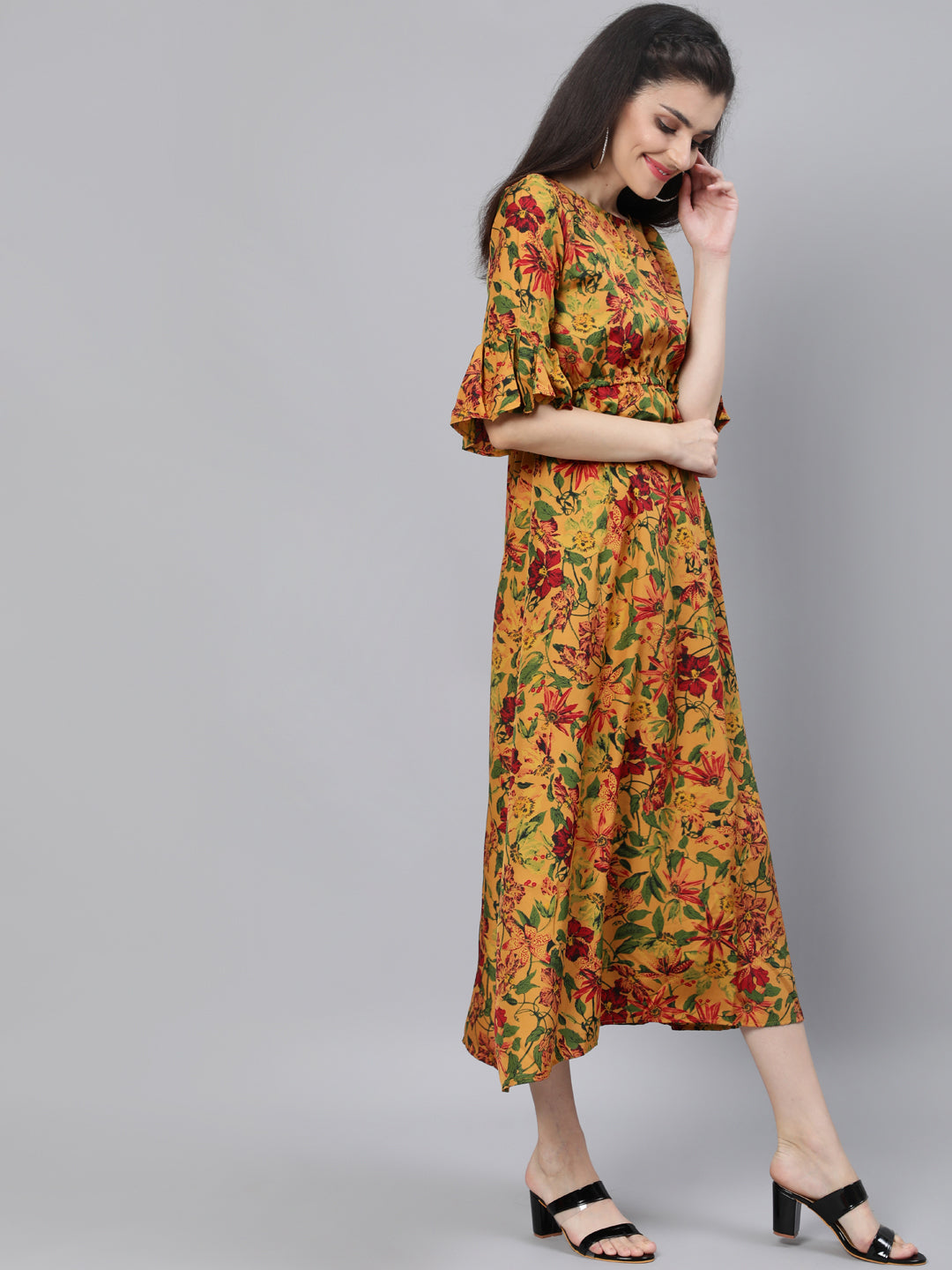 Mustard Printed Maxi Dress With Flared Sleeves