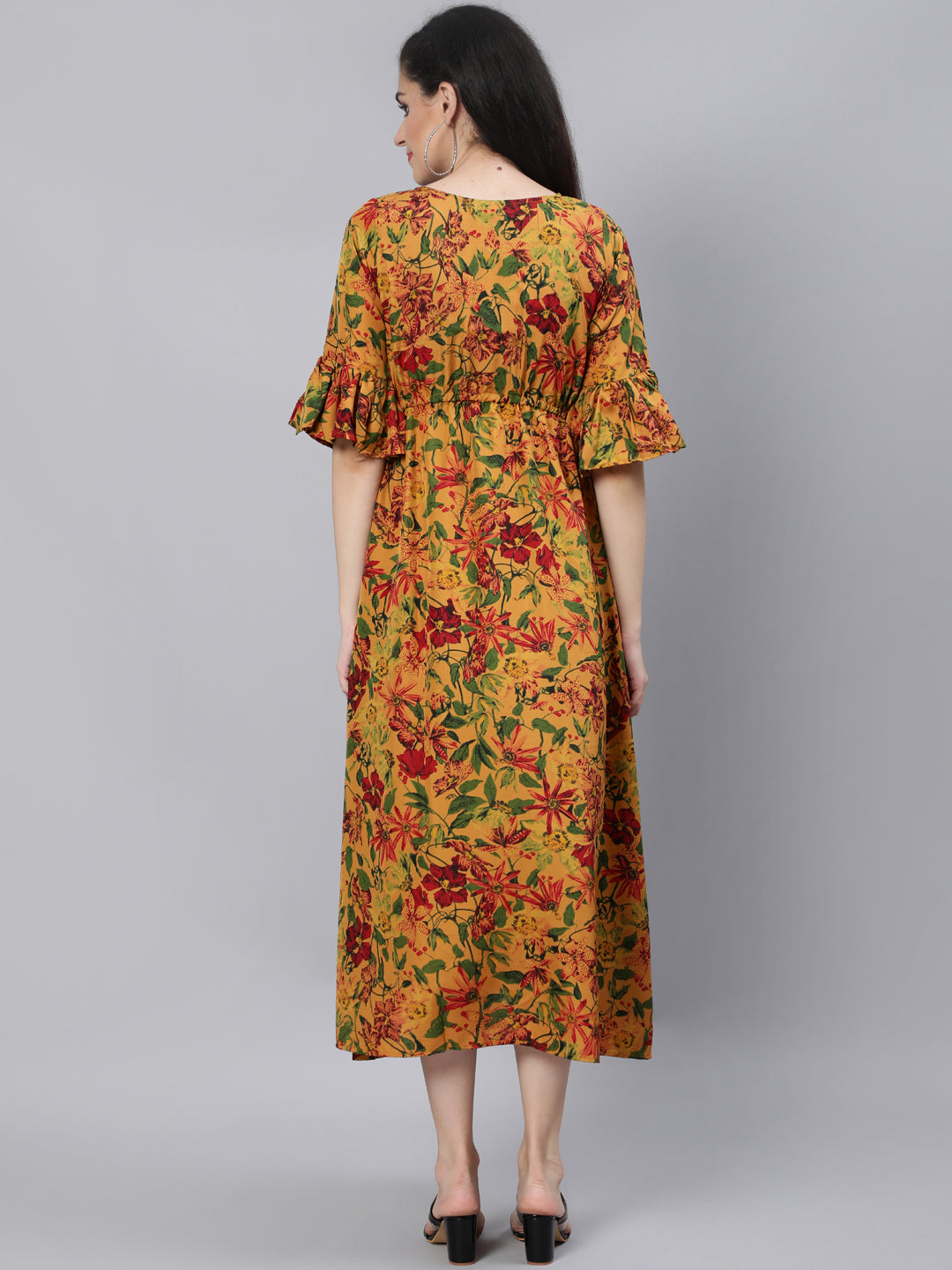 Mustard Printed Maxi Dress With Flared Sleeves