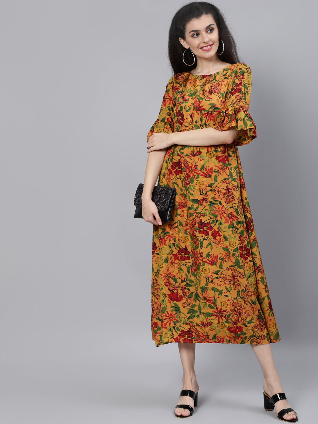 Mustard Printed Maxi Dress With Flared Sleeves