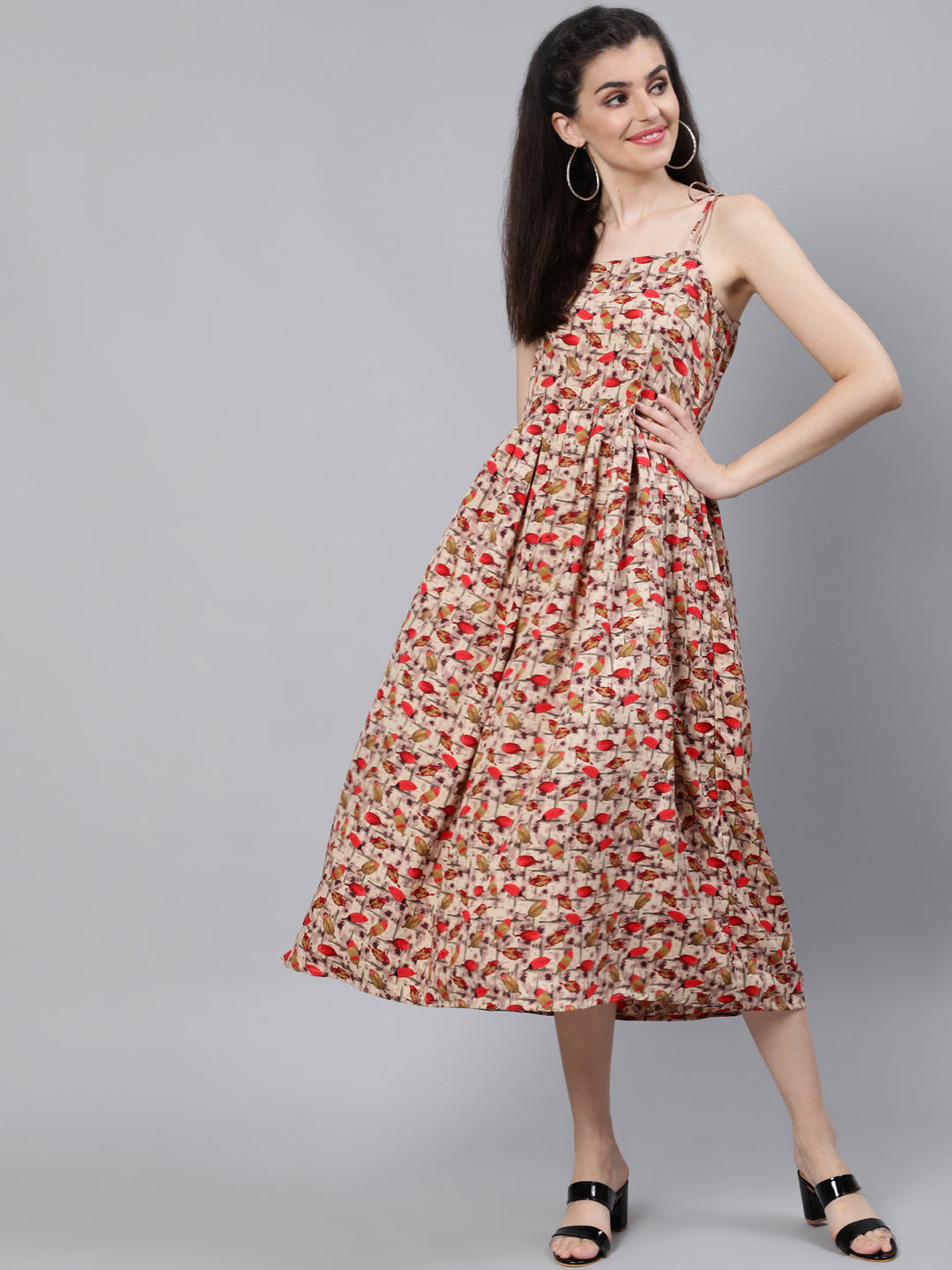 Beige Printed Maxi Dress With Flared