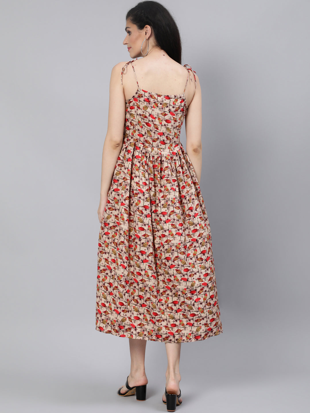 Beige Printed Maxi Dress With Flared
