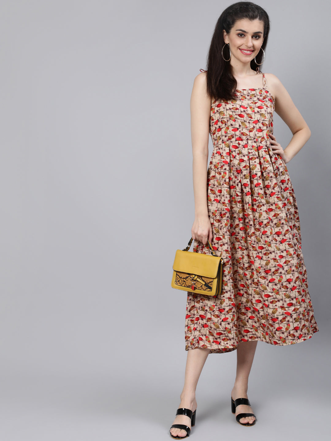 Beige Printed Maxi Dress With Flared