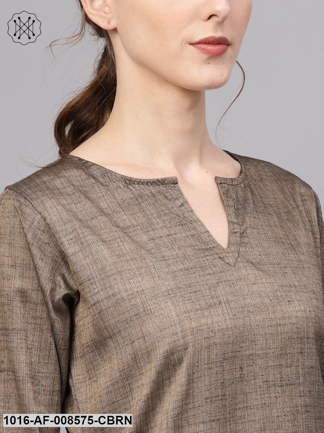 Dark Brown Straight Kurta Set With Palazzo & Black Chanderi Dupatta