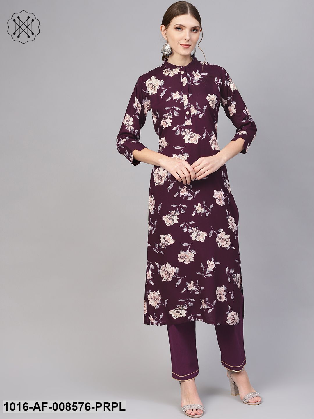 Dark Purple Floral Printed Straight Kurta With Straight Pants