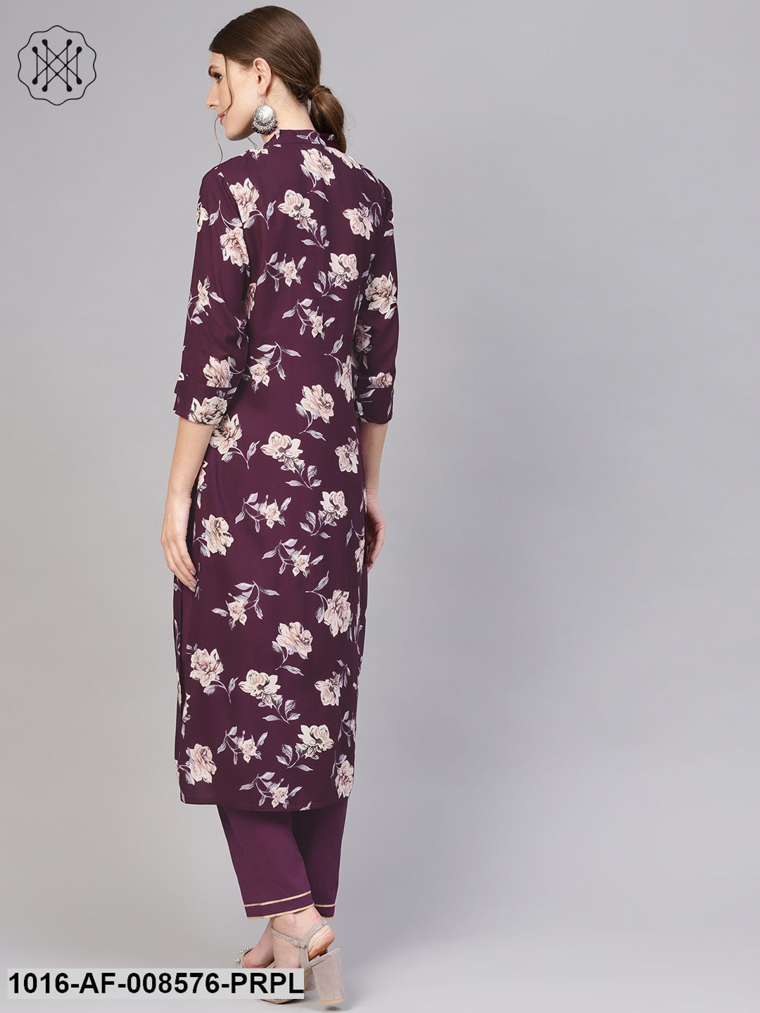 Dark Purple Floral Printed Straight Kurta With Straight Pants