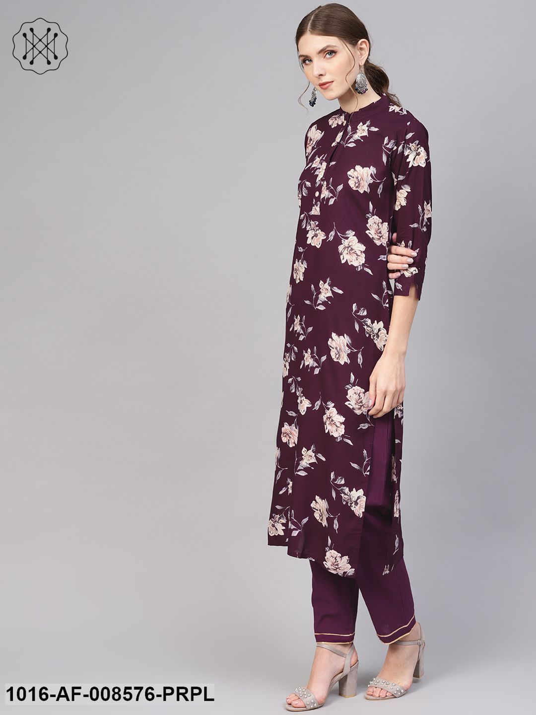 Dark Purple Floral Printed Straight Kurta With Straight Pants
